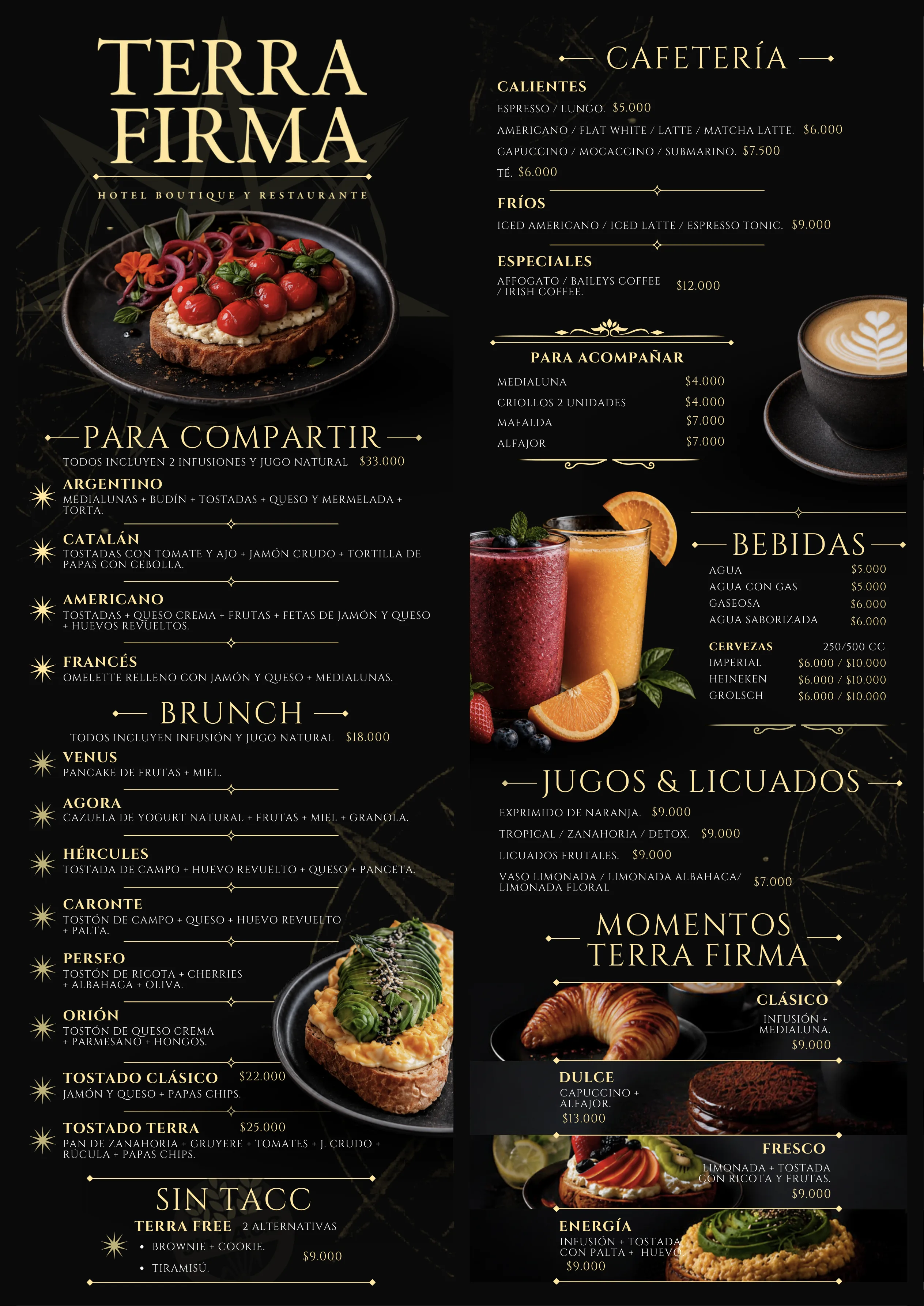 Carta principal, página 1: para compartir, brunch, cafetería, bebidas y jugos