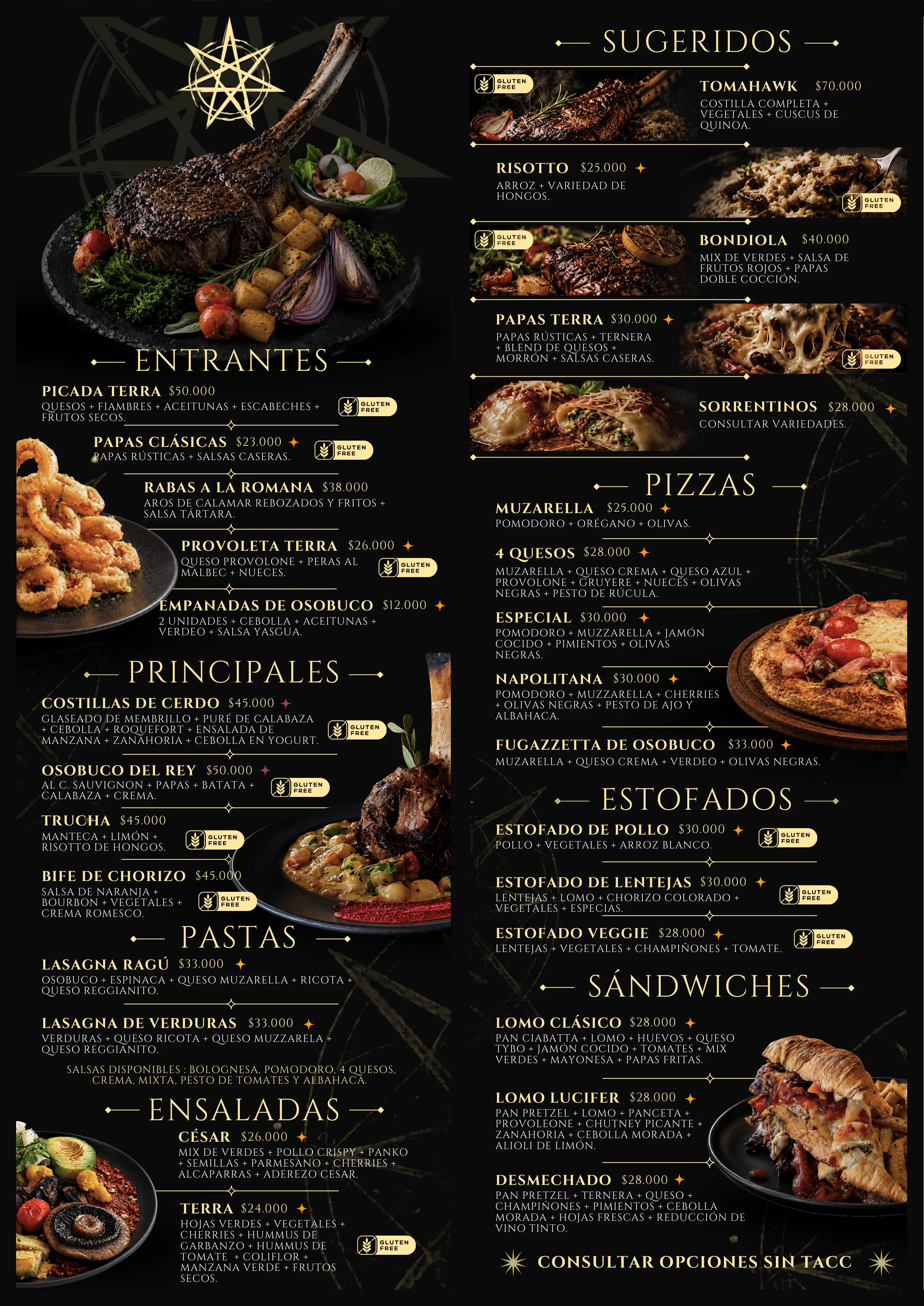Carta principal, página 2: entrantes, principales, pastas, pizzas, ensaladas y sándwiches