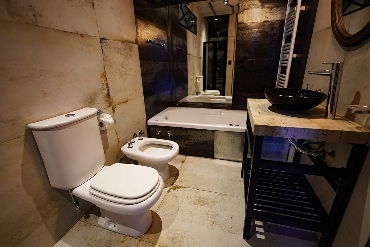 Baño con jacuzzi, toallero calefaccionado y bacha negra
